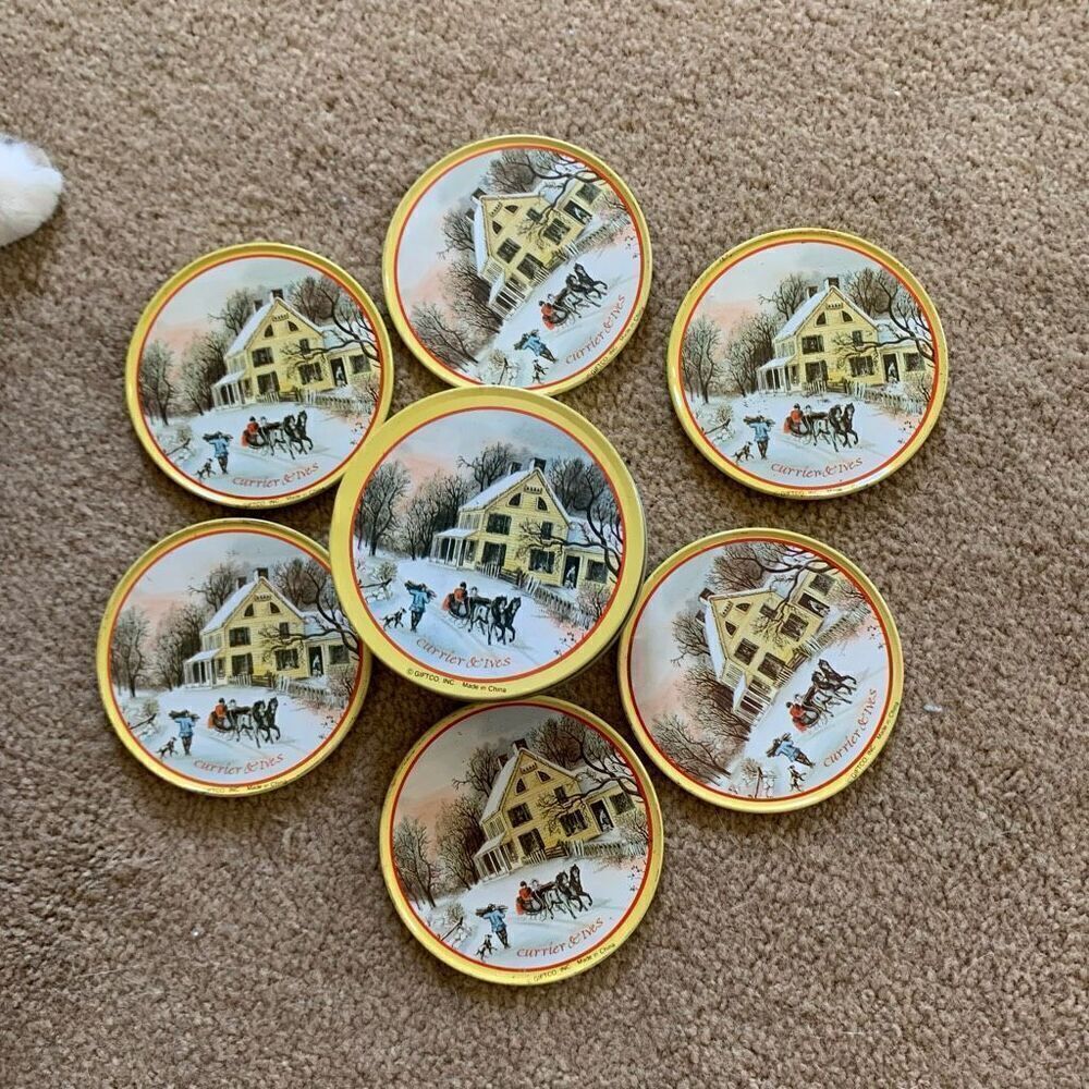 Currier & Ives GIFTCO Tin Coaster Set Cork Backs